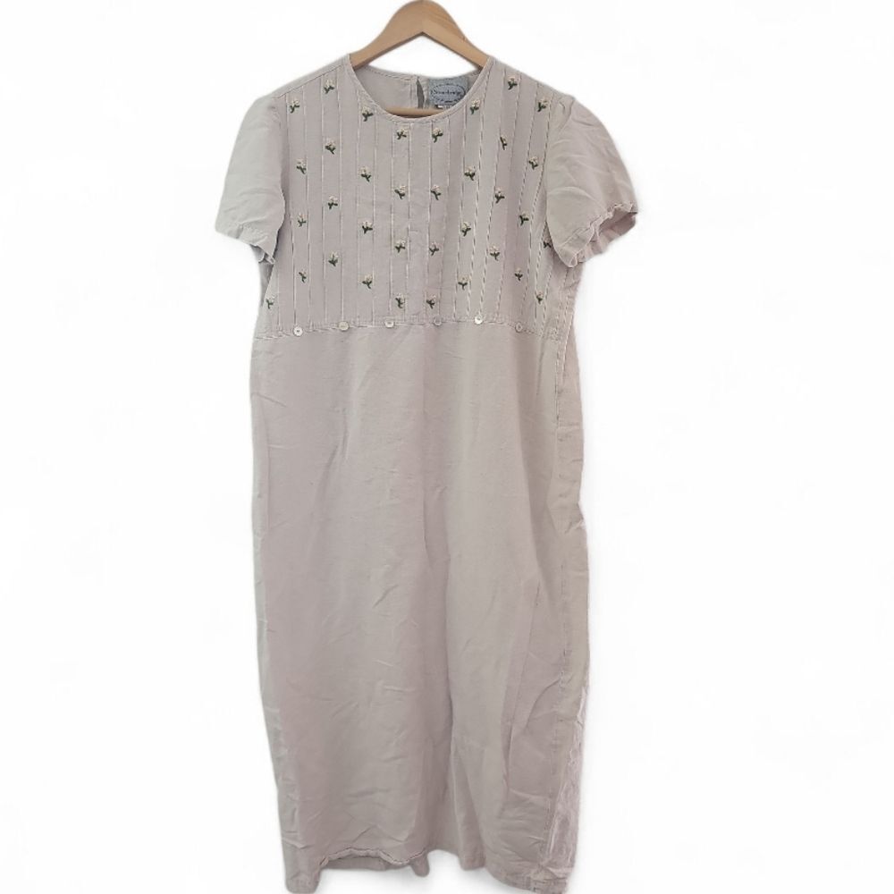 Stonebridge Linen Blend Embroidered Midi Dress Women 12 Cottagecore Prairie